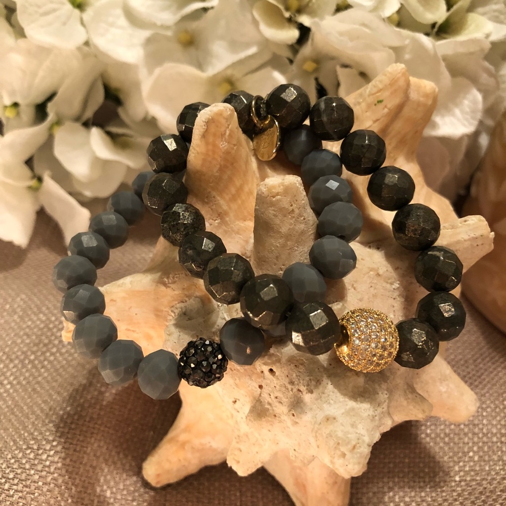 Grey Faceted Stretch Bracelets, Set of two